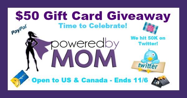 Let's Celebrate - enter to Win a $50 Gift Card from Powered by Mom - Twitter Celebration!!